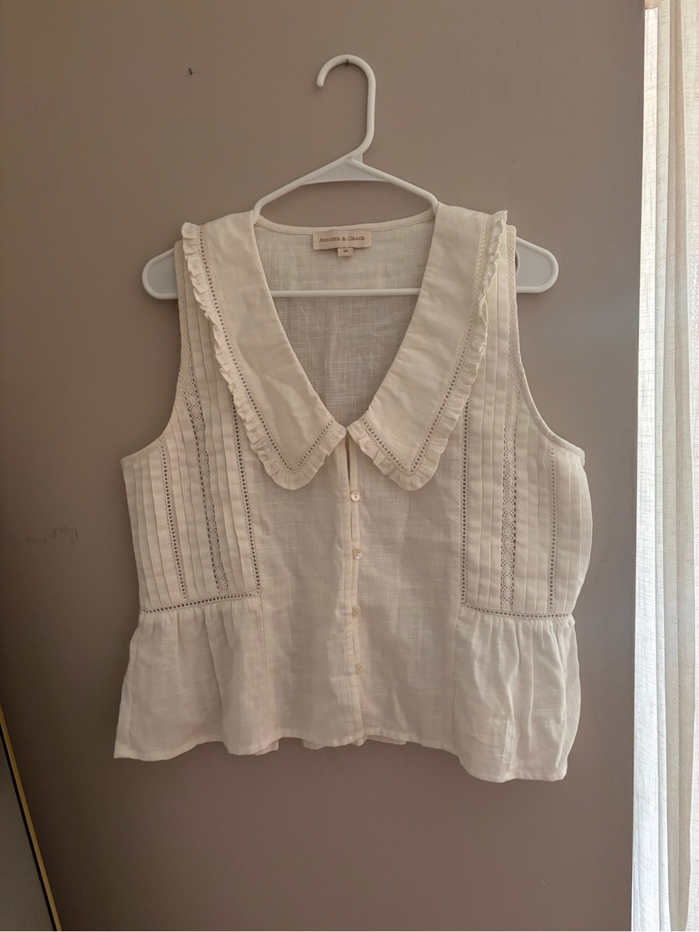 Cream Lace-Trim Sleeveless Button Front Top - cottagecore, lightweight, coastal